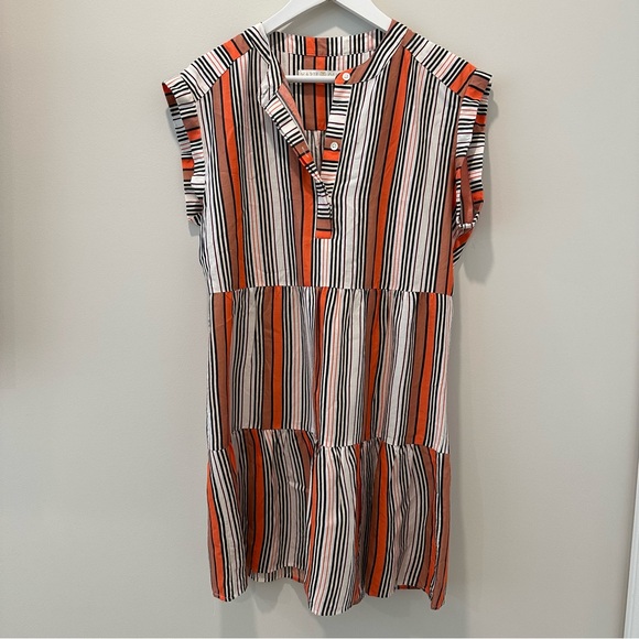 Marie Oliver Lachlan Silk Cotton Tiered Mini Dress Rust Orange Stripe Short - Picture 2 of 10